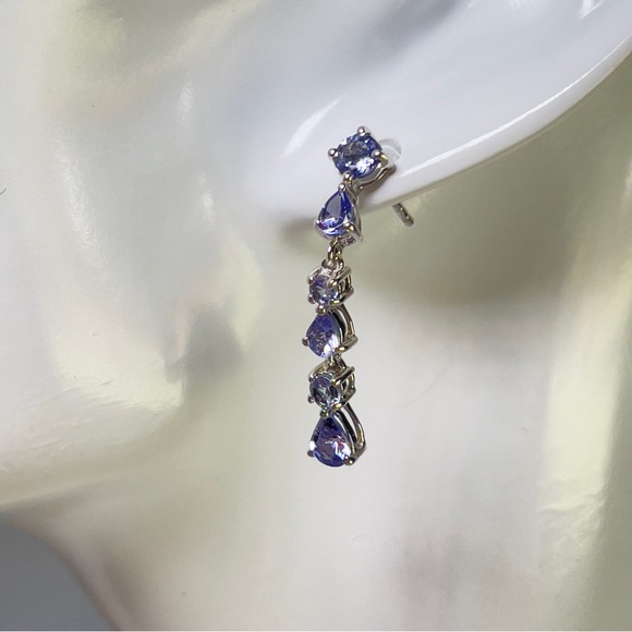 925 Silver Round and Pear Shaped December Birthstone Tanzanite Dangle Earrings - Picture 1 of 17